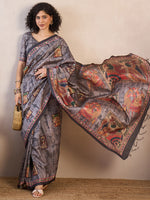 Thumbnail for NOZ2TOZ Women's Manipuri Silk Charcoal Grey Printed Ready to Wear With Blouse Piece - Distacart