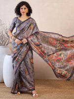 Thumbnail for NOZ2TOZ Women's Manipuri Silk Charcoal Grey Printed Ready to Wear With Blouse Piece - Distacart
