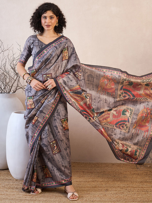 NOZ2TOZ Women's Manipuri Silk Charcoal Grey Printed Ready to Wear With Blouse Piece - Distacart