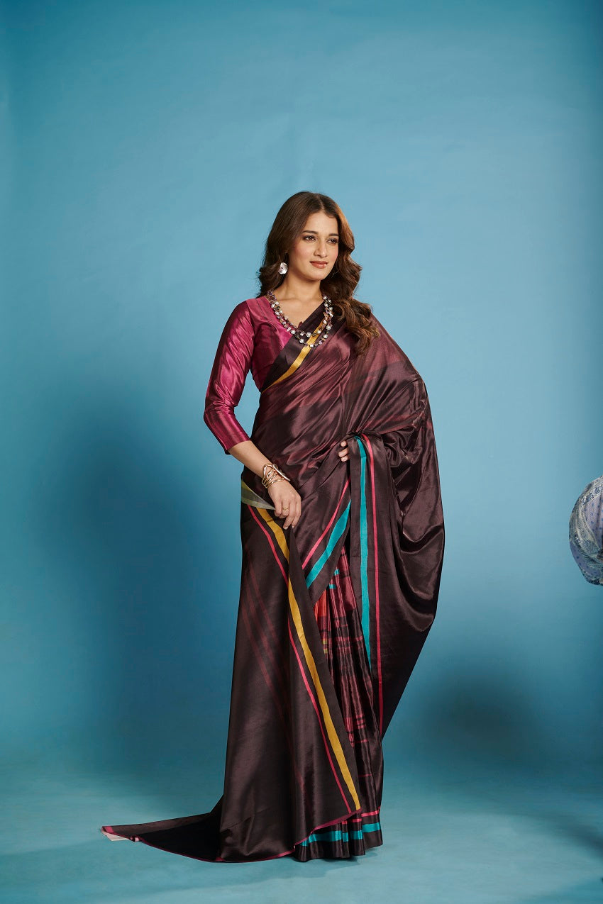 Hypnotex Premium Crepe Silk Digital Print Ready-To-Wear Saree With Stitched Blouse And Scarf-Wine