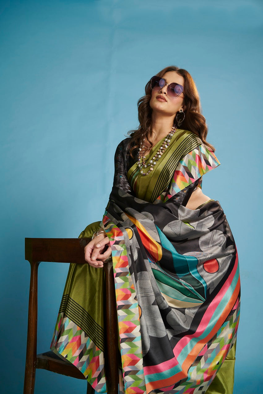 Hypnotex Premium Crepe Silk Digital Print Ready-To-Wear Saree With Stitched Blouse And Scarf-Green