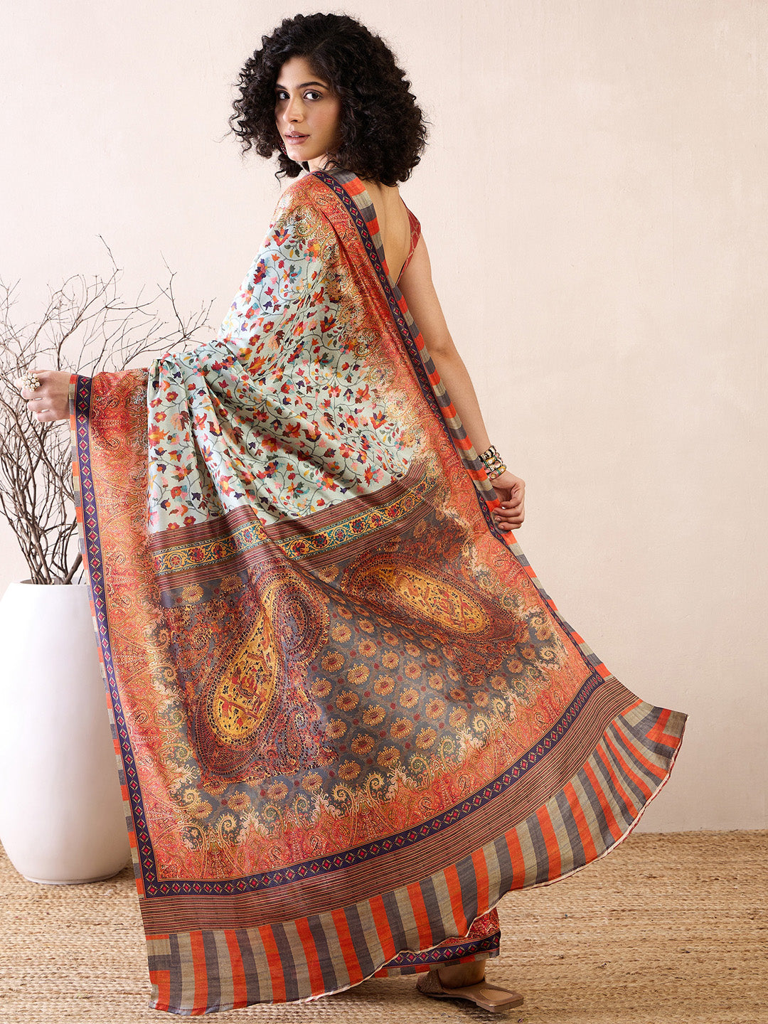 NOZ2TOZ Women's Poly Silk Sea Green Printed Ready to Wear With Blouse Piece - Distacart