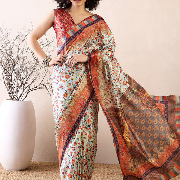 NOZ2TOZ Women's Poly Silk Sea Green Printed Ready to Wear With Blouse Piece - Distacart