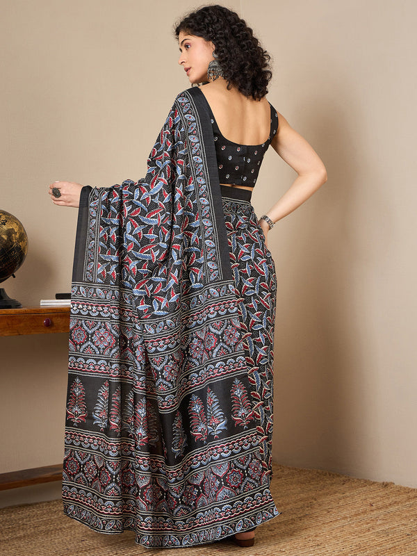 NOZ2TOZ Women's Dola Silk Black Digital Print Ready to Wear With Blouse Piece - Distacart