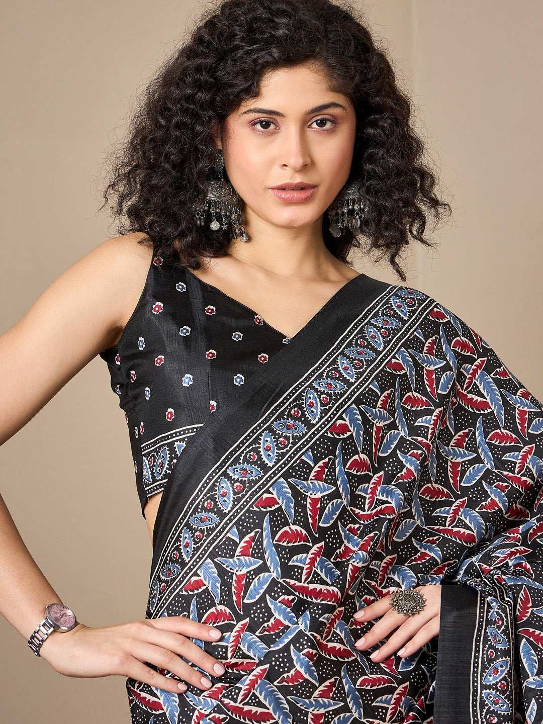 NOZ2TOZ Women's Dola Silk Black Digital Print Ready to Wear With Blouse Piece - Distacart