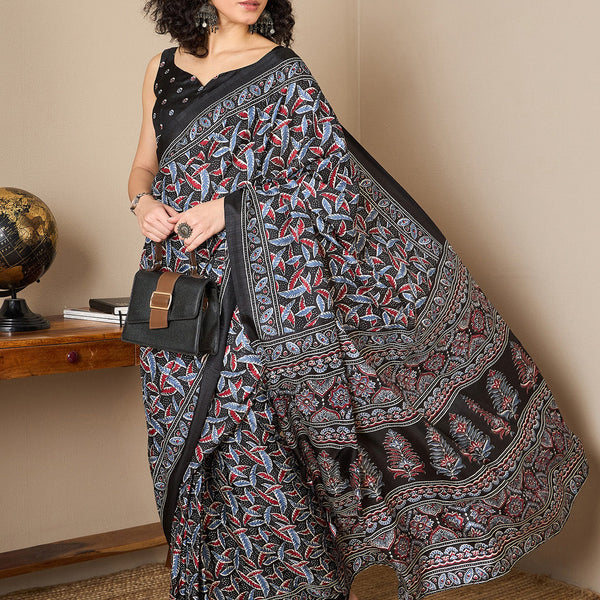 NOZ2TOZ Women's Dola Silk Black Digital Print Ready to Wear With Blouse Piece - Distacart