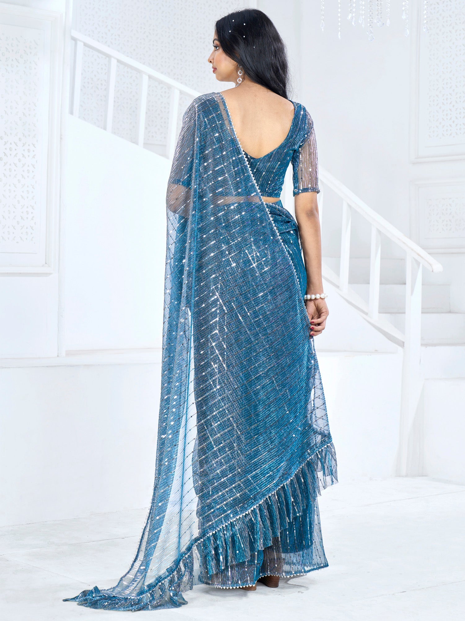 NOZ2TOZ Women's Lycra Teal blue Embellished Ready to Wear With Blouse Piece - Distacart