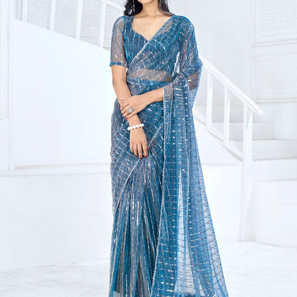 NOZ2TOZ Women's Lycra Teal blue Embellished Ready to Wear With Blouse Piece - Distacart