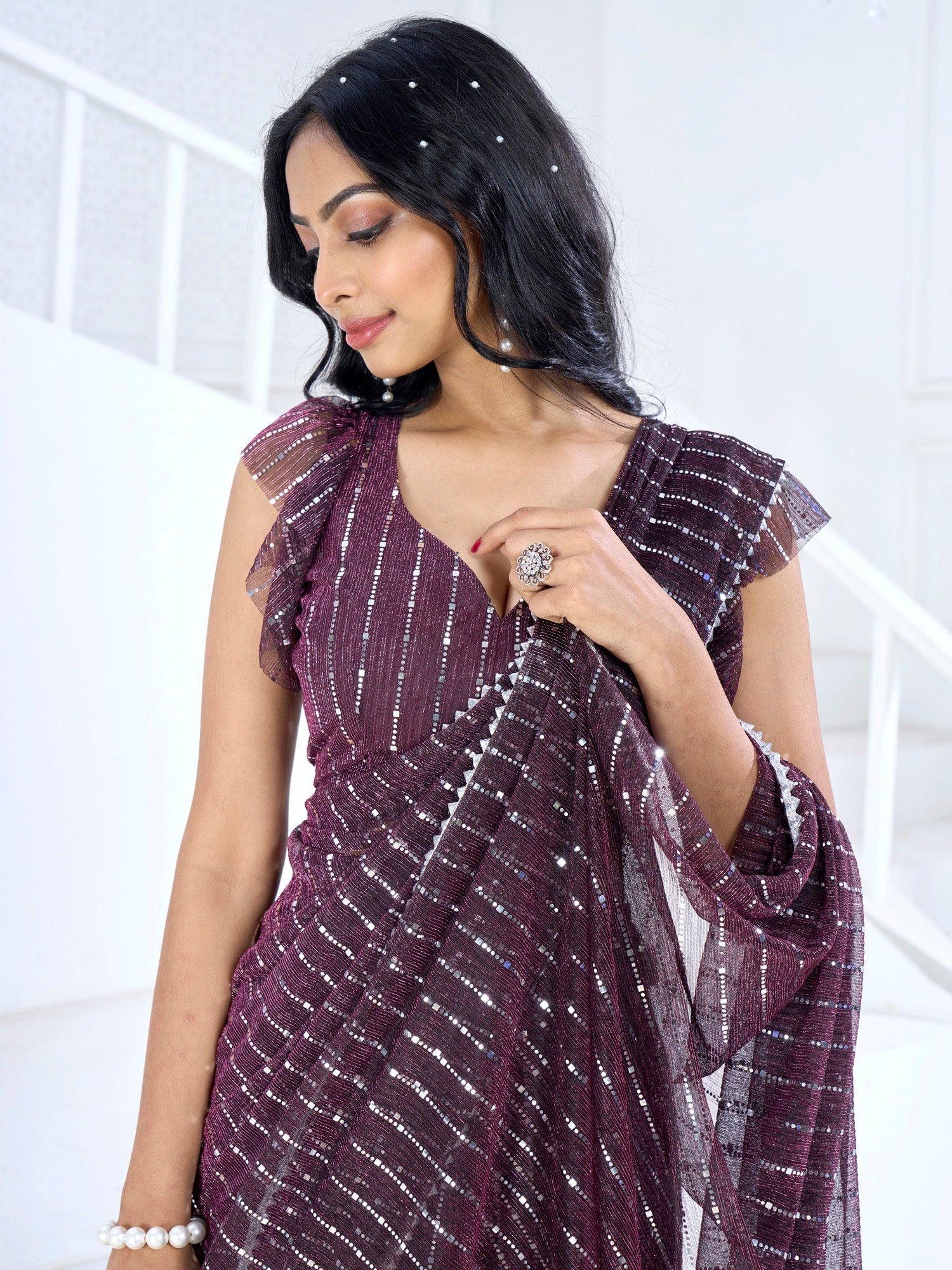 NOZ2TOZ Women's Lycra Magenta Embellished Ready to Wear With Blouse Piece - Distacart