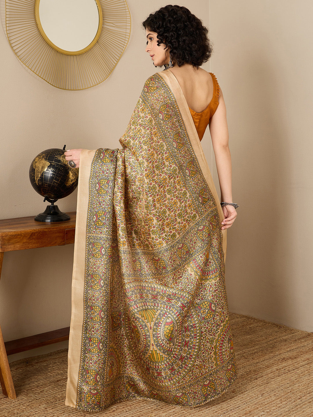 NOZ2TOZ Women's Tussar Silk Mustard Printed Ready to Wear With Blouse Piece - Distacart