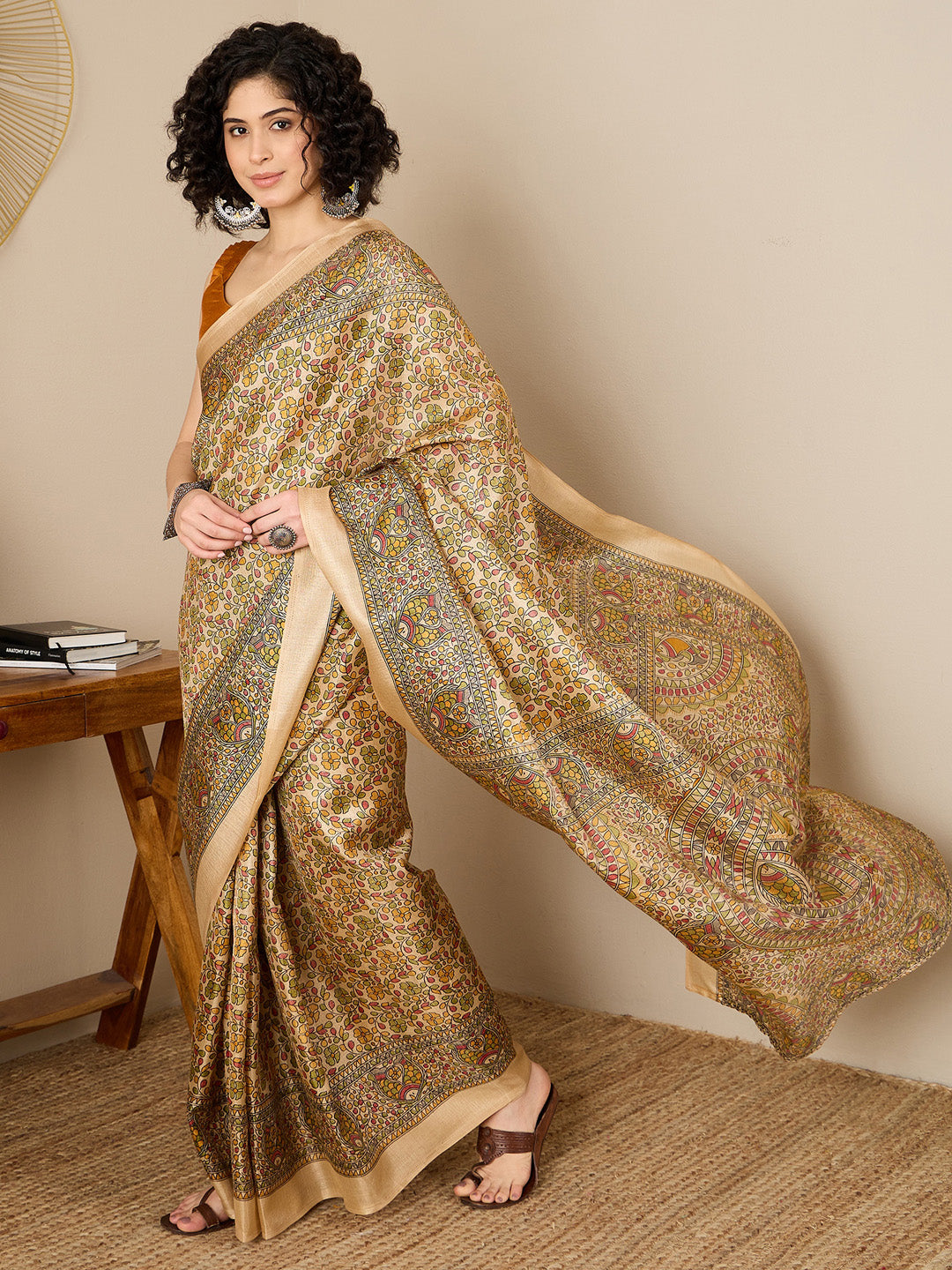 NOZ2TOZ Women's Tussar Silk Mustard Printed Ready to Wear With Blouse Piece - Distacart