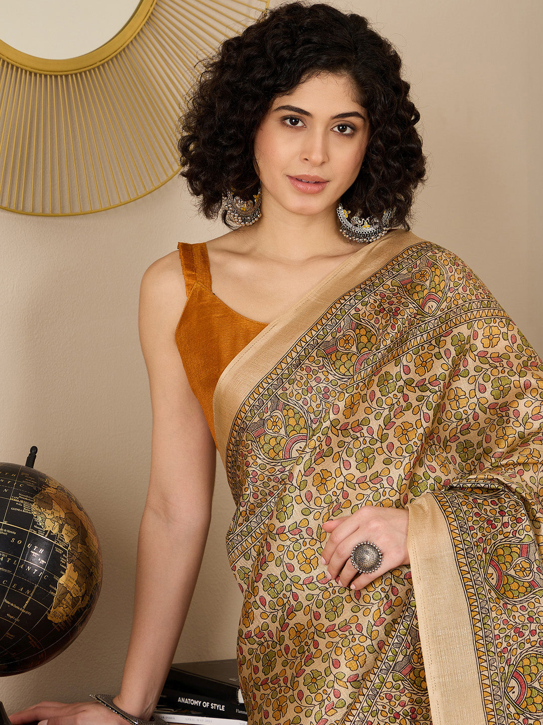 NOZ2TOZ Women's Tussar Silk Mustard Printed Ready to Wear With Blouse Piece - Distacart