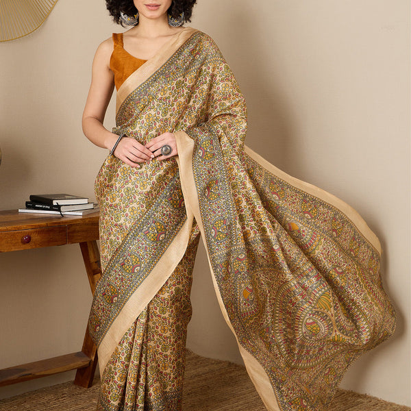 NOZ2TOZ Women's Tussar Silk Mustard Printed Ready to Wear With Blouse Piece - Distacart