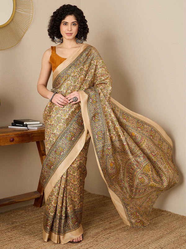 NOZ2TOZ Women's Tussar Silk Mustard Printed Ready to Wear With Blouse Piece - Distacart