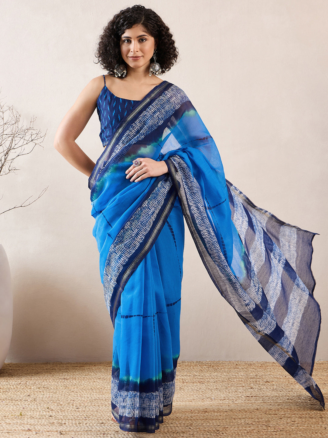 NOZ2TOZ Women's Cotton Blend Navy Blue Printed Celebrity Saree With Blouse Piece - Distacart