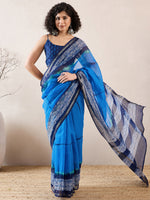 Thumbnail for NOZ2TOZ Women's Cotton Blend Navy Blue Printed Celebrity Saree With Blouse Piece - Distacart