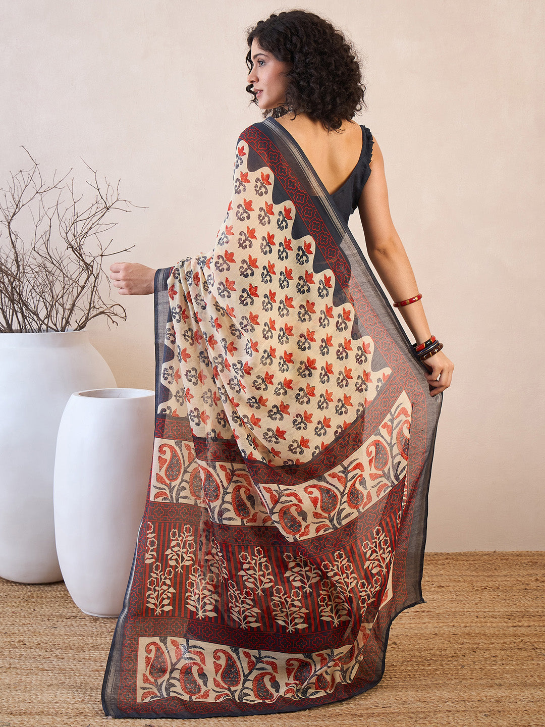 NOZ2TOZ Women's Cotton Blend Beige Printed Ready to Wear With Blouse Piece - Distacart