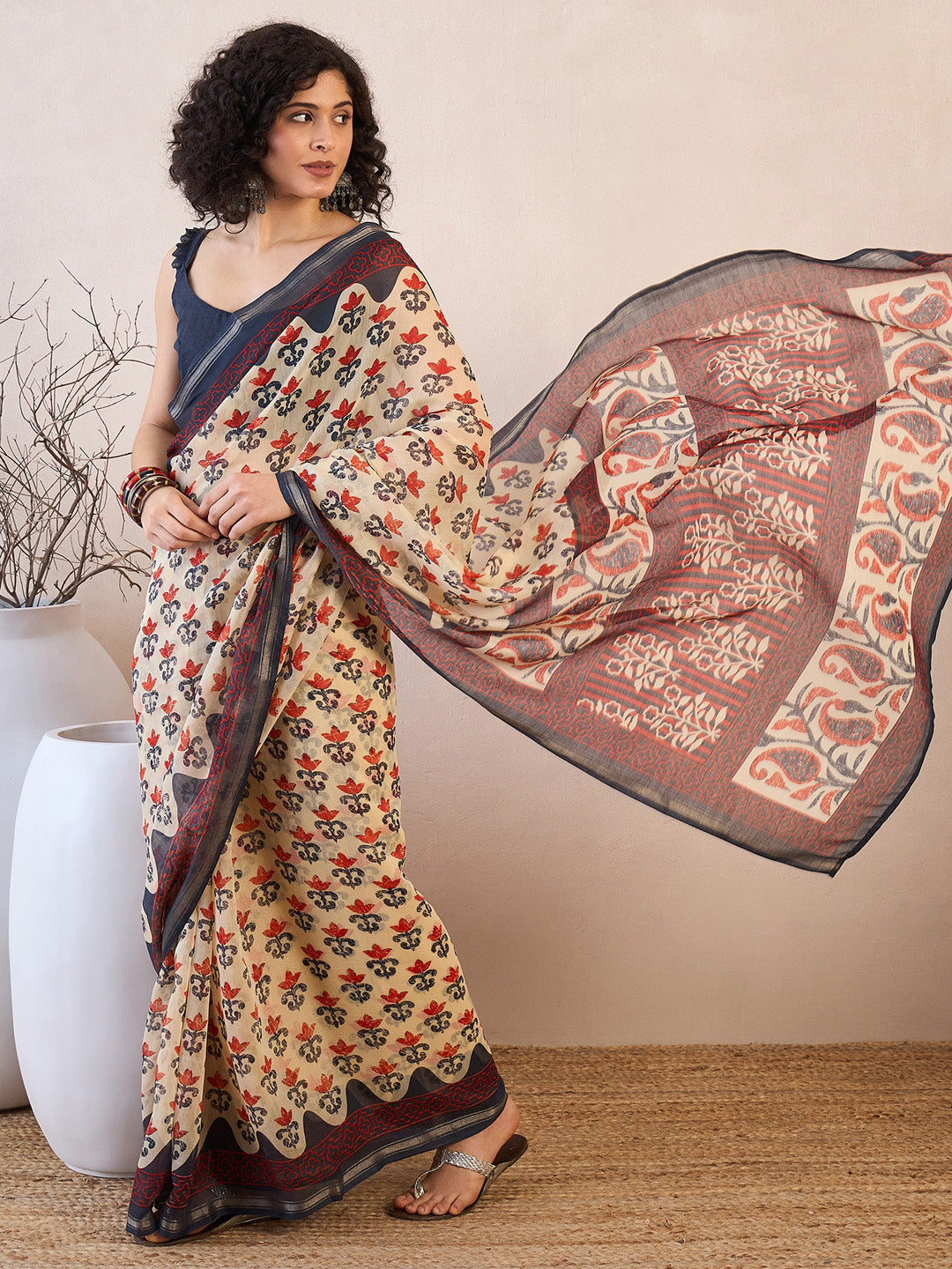 NOZ2TOZ Women's Cotton Blend Beige Printed Ready to Wear With Blouse Piece - Distacart