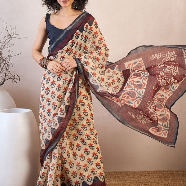 NOZ2TOZ Women's Cotton Blend Beige Printed Ready to Wear With Blouse Piece - Distacart