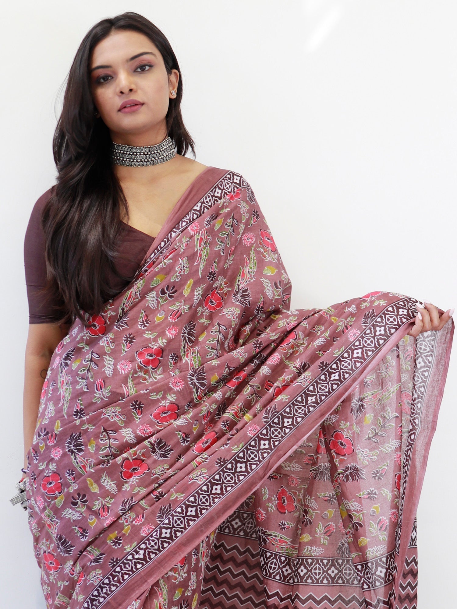 NOZ2TOZ Women's Cotton Brown Printed Ready to Wear With Blouse Piece - Distacart