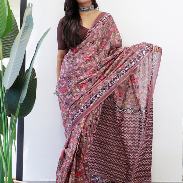 NOZ2TOZ Women's Cotton Brown Printed Ready to Wear With Blouse Piece - Distacart