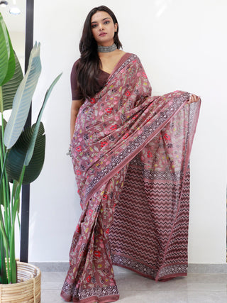 NOZ2TOZ Women's Cotton Brown Printed Ready to Wear With Blouse Piece - Distacart