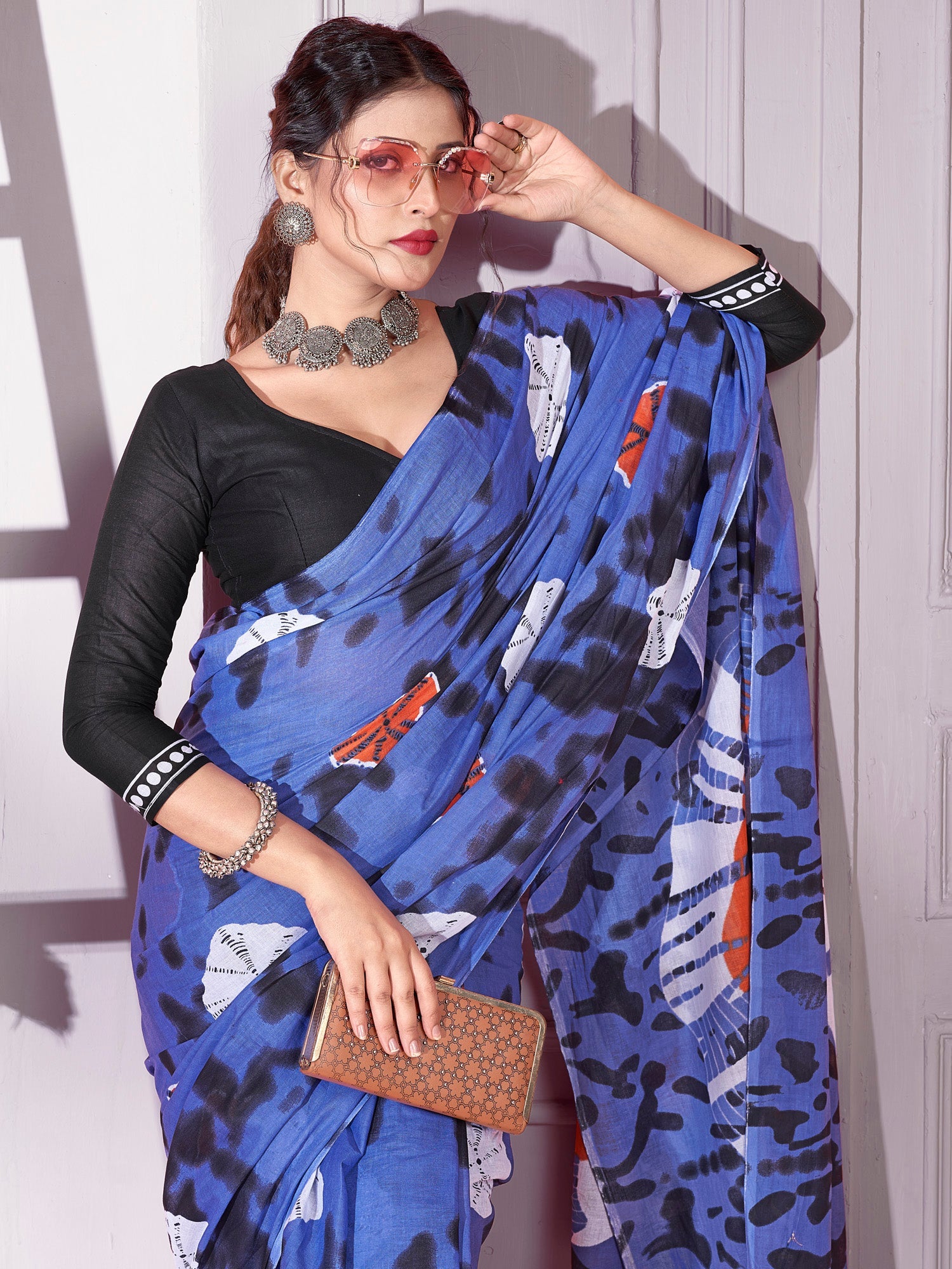 NOZ2TOZ Women's Cotton Blue Printed Designer Saree With Blouse Piece - Distacart