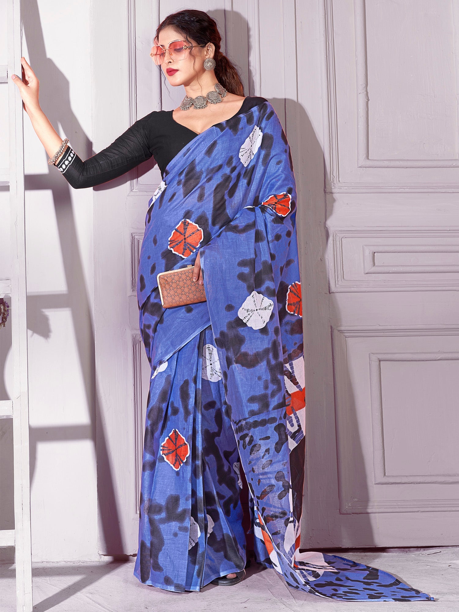 NOZ2TOZ Women's Cotton Blue Printed Designer Saree With Blouse Piece - Distacart