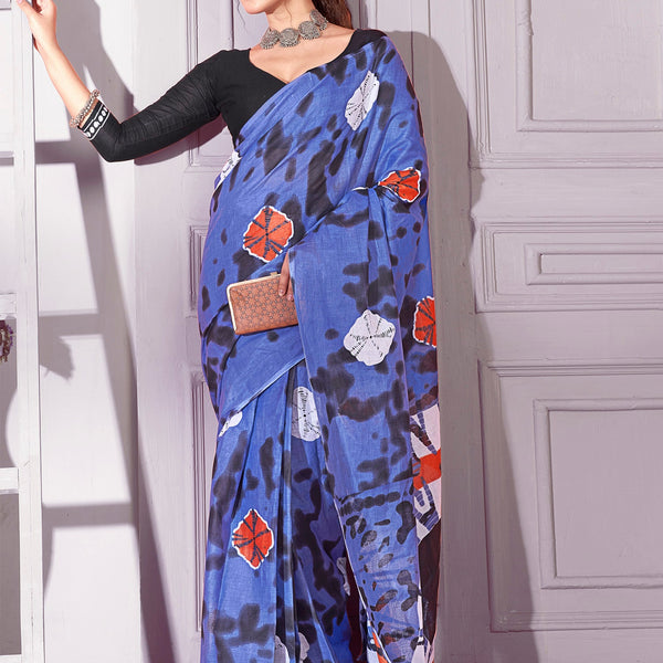 NOZ2TOZ Women's Cotton Blue Printed Designer Saree With Blouse Piece - Distacart