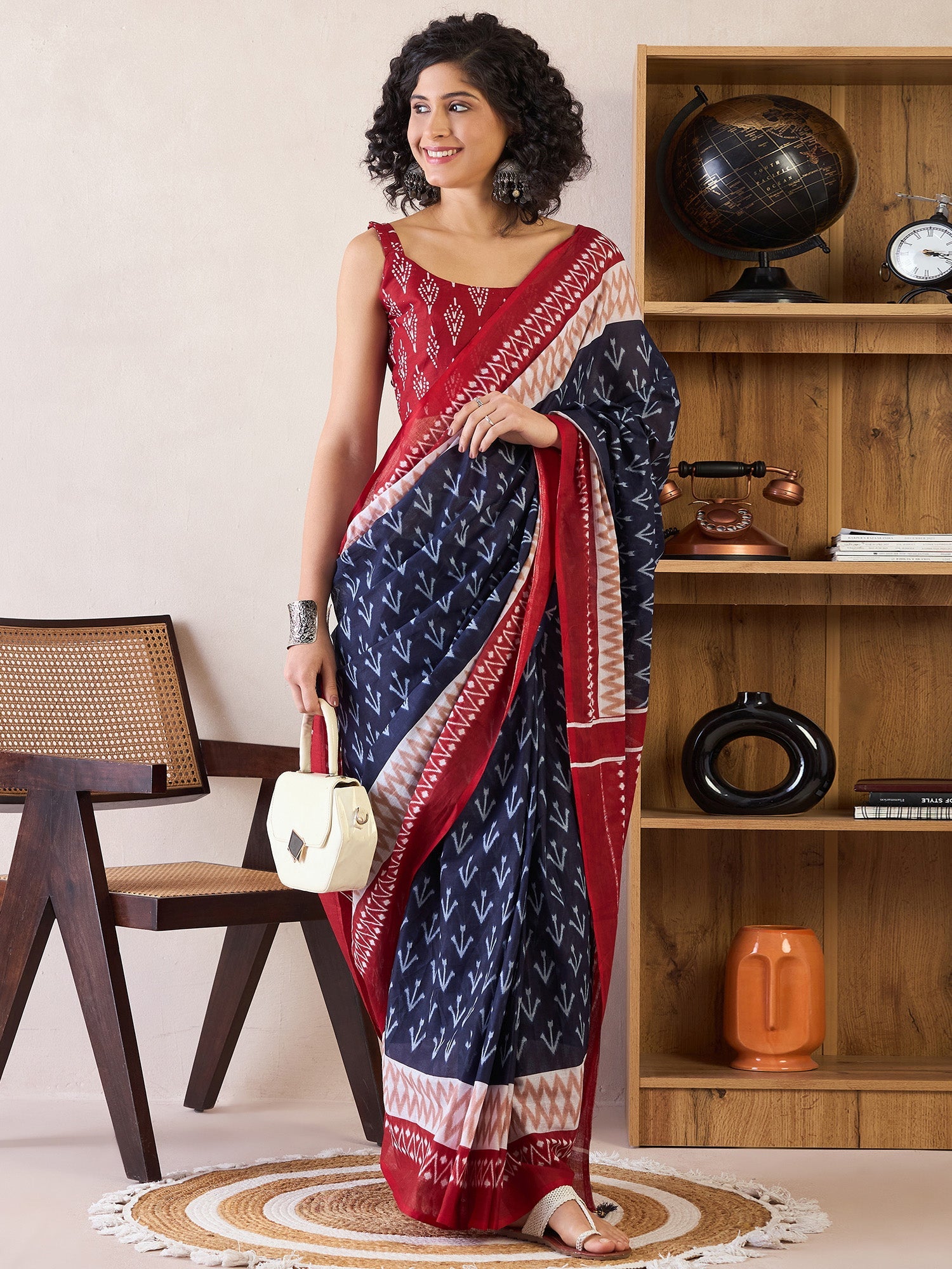 NOZ2TOZ Women's Cotton Navy Blue Printed Ready to Wear With Blouse Piece - Distacart