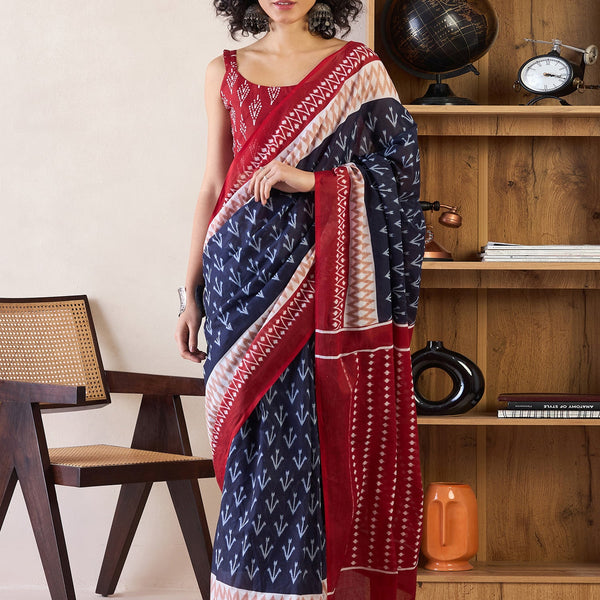 NOZ2TOZ Women's Cotton Navy Blue Printed Ready to Wear With Blouse Piece - Distacart