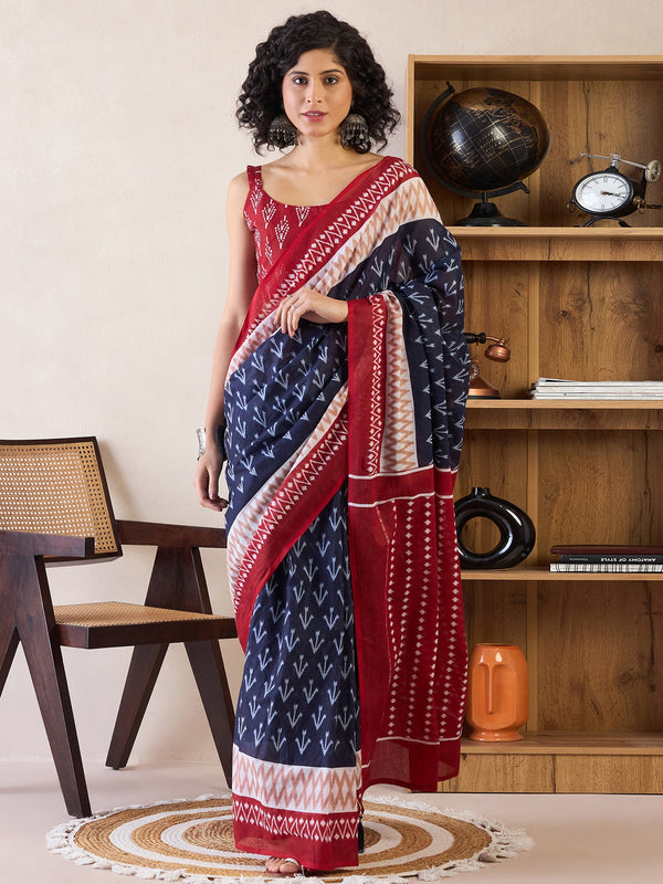 NOZ2TOZ Women's Cotton Navy Blue Printed Ready to Wear With Blouse Piece - Distacart