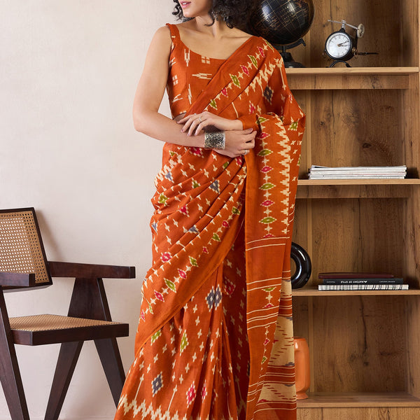 NOZ2TOZ Women's Cotton Orange Printed Ready to Wear With Blouse Piece - Distacart