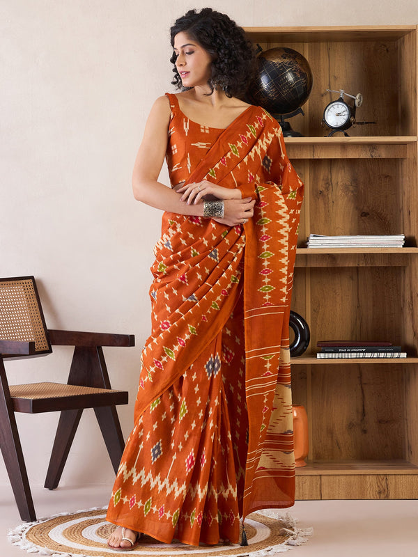 NOZ2TOZ Women's Cotton Orange Printed Ready to Wear With Blouse Piece - Distacart