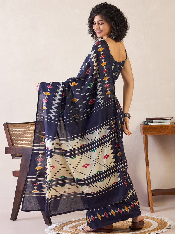 NOZ2TOZ Women's Cotton Navy Blue Printed Ready to Wear With Blouse Piece - Distacart