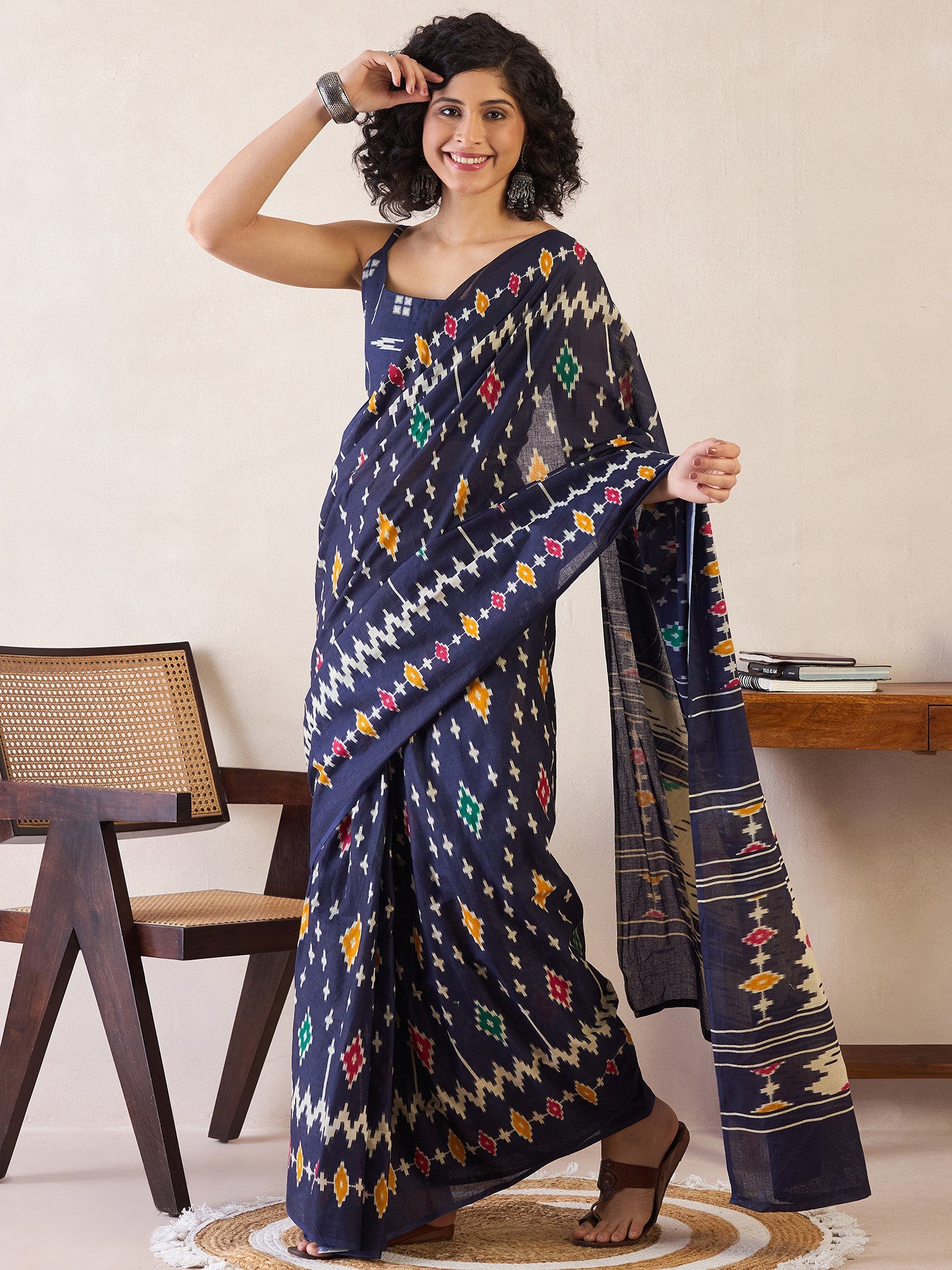 NOZ2TOZ Women's Cotton Navy Blue Printed Ready to Wear With Blouse Piece - Distacart