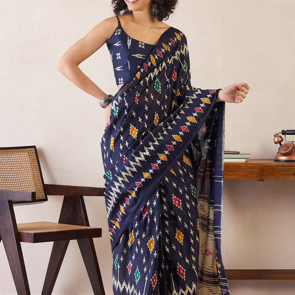 NOZ2TOZ Women's Cotton Navy Blue Printed Ready to Wear With Blouse Piece - Distacart