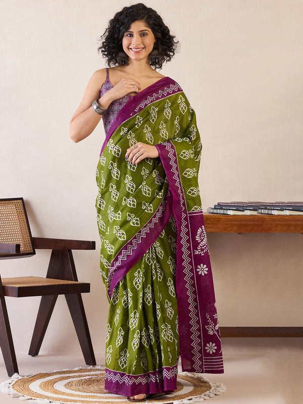 NOZ2TOZ Women's Cotton Green Printed Ready to Wear With Blouse Piece - Distacart