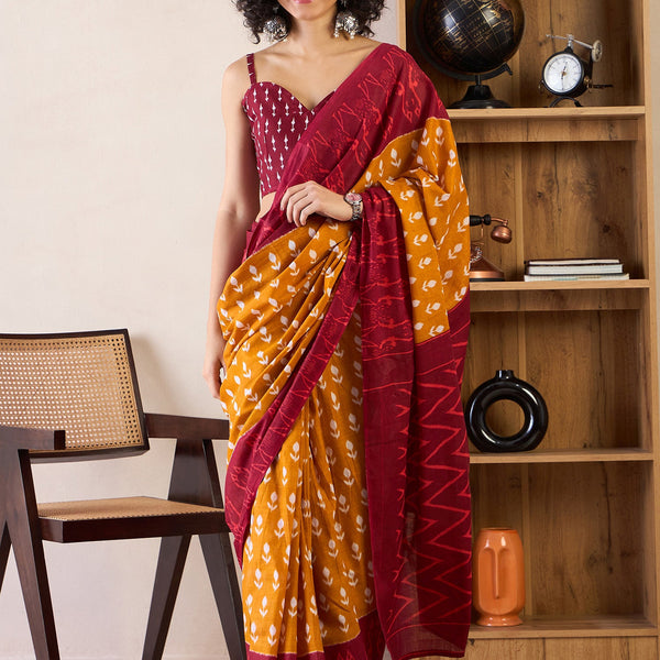 NOZ2TOZ Women's Cotton Mustard Printed Ready to Wear With Blouse Piece - Distacart