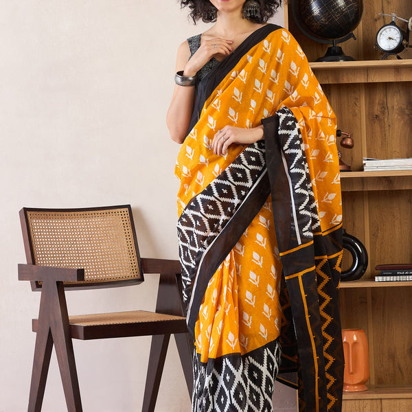 NOZ2TOZ Women's Cotton Yellow Printed Ready to Wear With Blouse Piece - Distacart