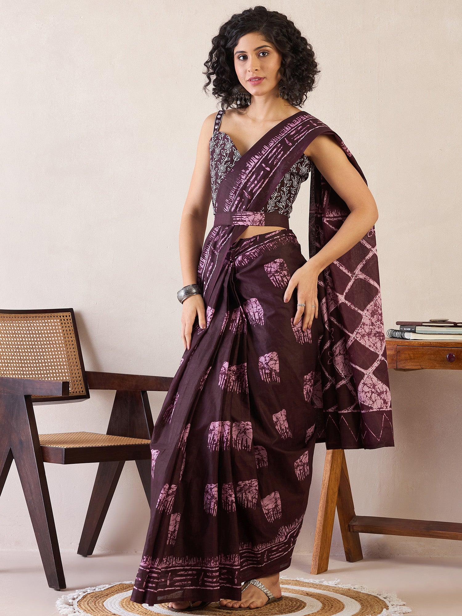 NOZ2TOZ Women's Cotton Burgundy Printed Ready to Wear With Blouse Piece - Distacart