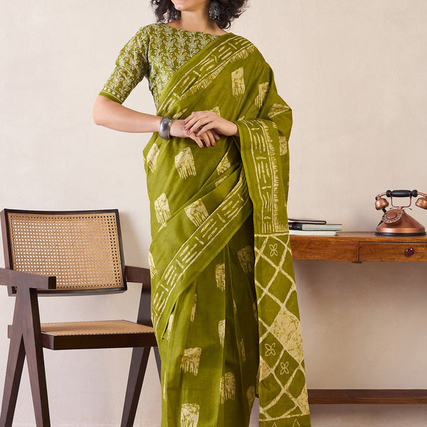 NOZ2TOZ Women's Cotton Olive Printed Ready to Wear With Blouse Piece - Distacart