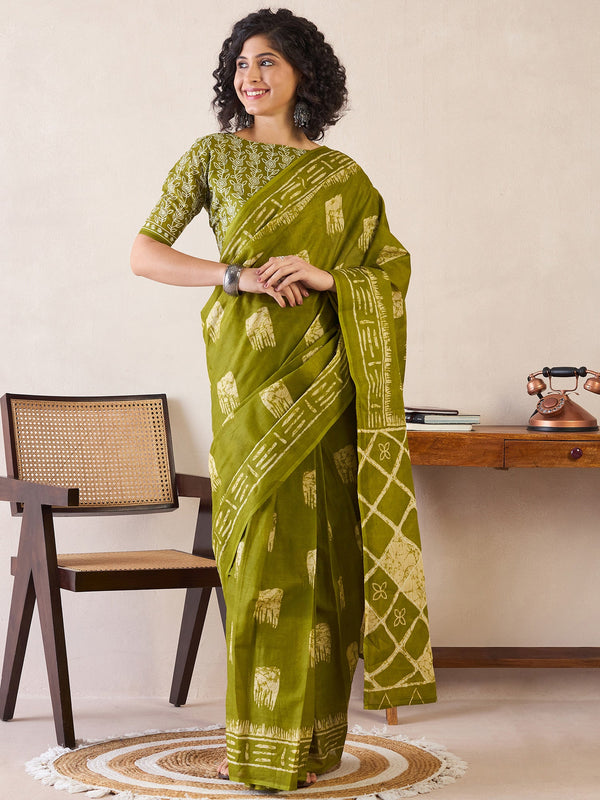 NOZ2TOZ Women's Cotton Olive Printed Ready to Wear With Blouse Piece - Distacart