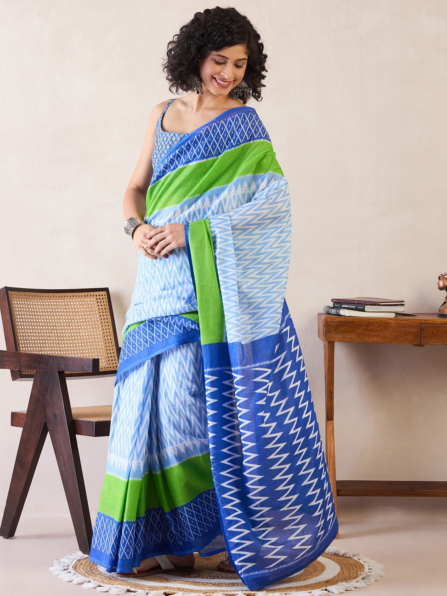 NOZ2TOZ Women's Cotton Light Blue Printed Ready to Wear With Blouse Piece - Distacart