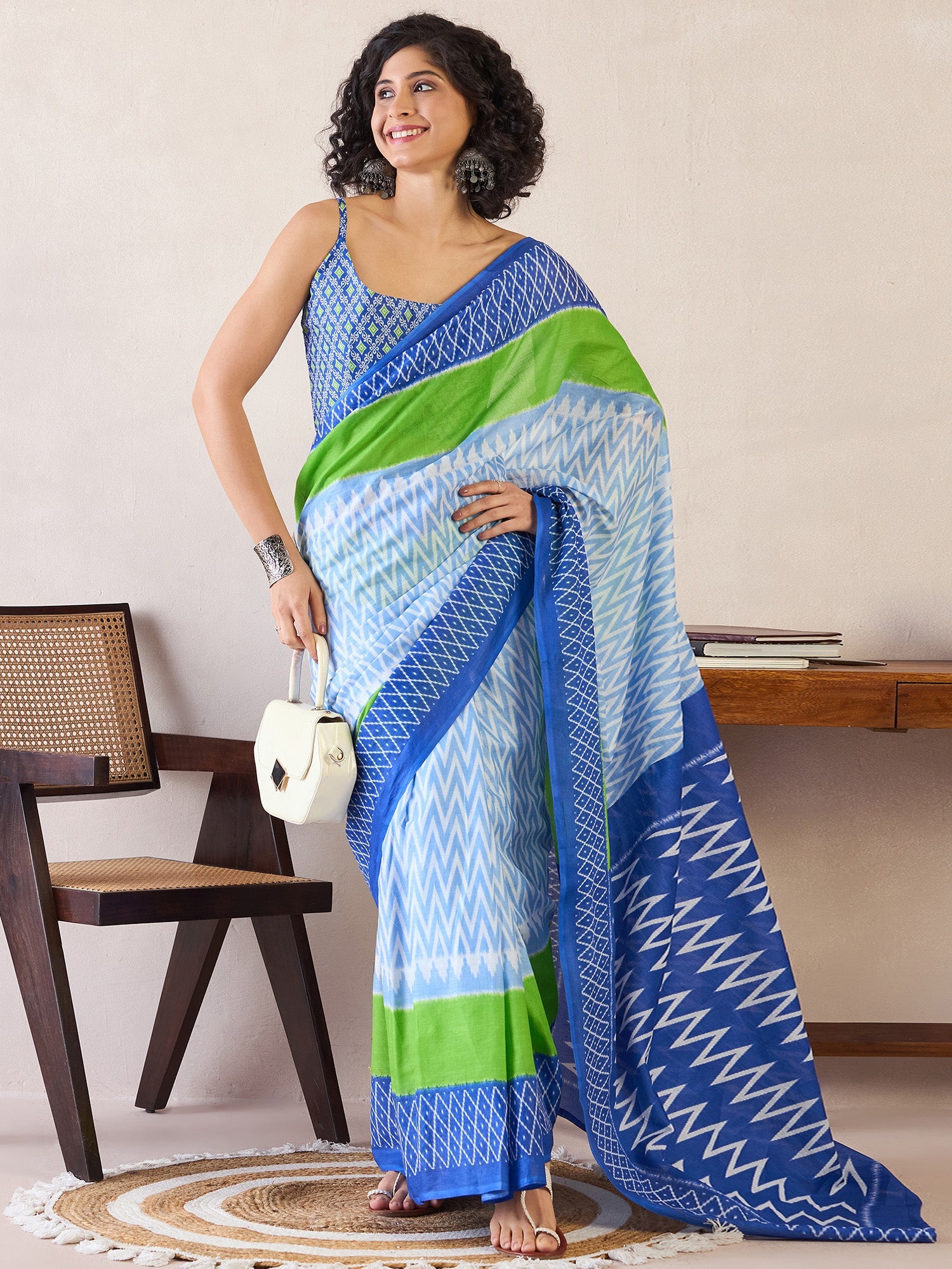 NOZ2TOZ Women's Cotton Light Blue Printed Ready to Wear With Blouse Piece - Distacart