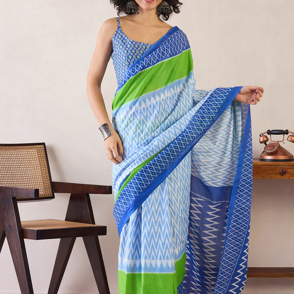 NOZ2TOZ Women's Cotton Light Blue Printed Ready to Wear With Blouse Piece - Distacart