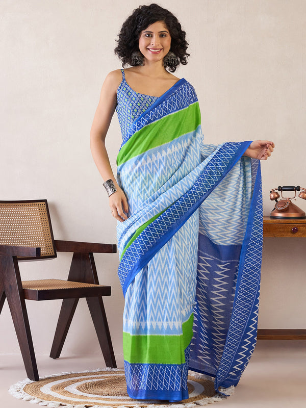 NOZ2TOZ Women's Cotton Light Blue Printed Ready to Wear With Blouse Piece - Distacart