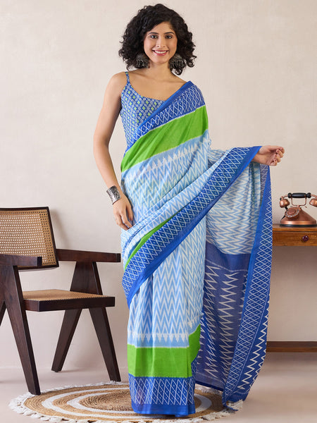 NOZ2TOZ Women's Cotton Light Blue Printed Ready to Wear With Blouse Piece - Distacart