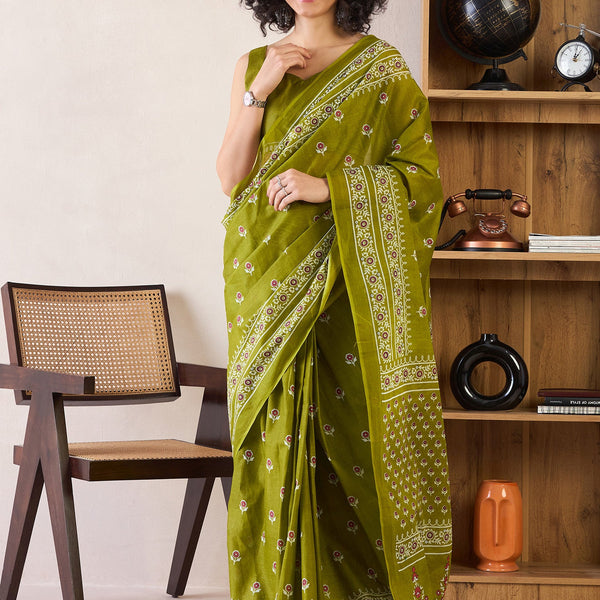 NOZ2TOZ Women's Cotton Olive Printed Ready to Wear With Blouse Piece - Distacart