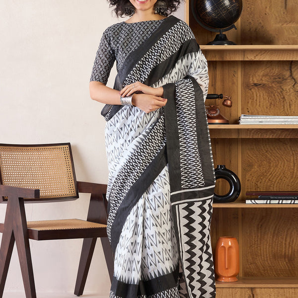 NOZ2TOZ Women's Cotton White Printed Ready to Wear With Blouse Piece - Distacart